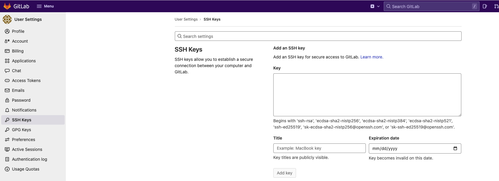 Gitlab Create SSH Screen