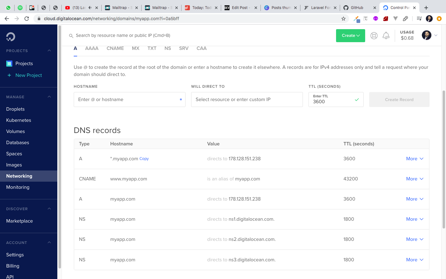 A Records in Digital Ocean Dashboard